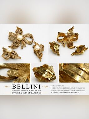 Vintage Bellini Gold Bow Brooch & Earrings with Faux Pearl and Crystal Accents